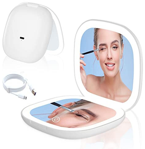 Aicharynic LED Taschenspiegel mit 1X/10X Vergrößerung, Kosmetikspiegel Vergrößerungsspiegel mit Licht Reisespiegel mit Dimmable und 2-Seitiger LED-Licht Handspiegel Klappbar, Geschenke für Mädchen