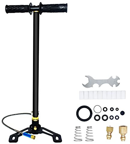 TUXING PCP Handpumpe 4500Psi, dreistufige Hochdruckluftpumpe, Edelstahl Handpumpe klappbares Pedal für Paintball Luftgewehre (mit Manometer)
