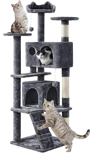Yaheetech Arbre à Chat 158 cm, Arbre à Grimper avec 2 Niches 3 Plateformes 2 Boules en Sisal Multi-Niveaux Idéal pour 3-4 Chats, Gris Foncé