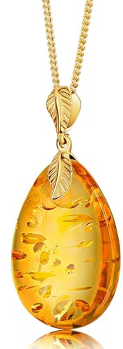 Amber by Mazukna – Baltischer Bernstein-Anhänger für Frauen, Funkelnder Bernstein-Tropfen mit Flocken, Vergoldetes Sterlingsilber ag925, Cognacfarbener Schmuck für Damen, 45cm Lange
