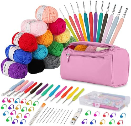 YINVA Häkelset für Anfänger 15Pcsx25g Häkelgarn Häkelnadel Set 2mm-8mm Ergonomische Häkelnadeln Crochet Set Stricken für Anfänger Set Tragbaren Tasche Strickzubehör(Rosa)