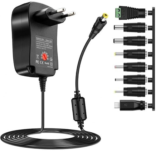 Universelles Einstellbares Netzteil, Einstellbarer Netzteil Adapter, Einstellbar von 3V/4.5V/5V/6V/7.5V/9V/12V AC/DC Netzadapter mit 8 Multisteckern für LED-Streifen, Scanner, Router, Fax