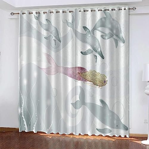 Verdunkelungsvorhänge-Set, 3D Blackout Vorhang Schlafzimmer Mit Ösen 300 X 280 cm Cartoon-Delphin-Muschel Verdunkelungsvorhang Blickdicht Fensterdekoration Dekoschal Dekorvorhang -4M7L/T2G