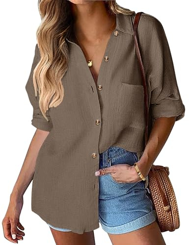 Hotouch Bluse Damen Langarm Blusenshirt V-Ausschnitt Hemden Elegant Hemdbluse mit Knöpfen Passform Oberteil mit Tasche Braun L