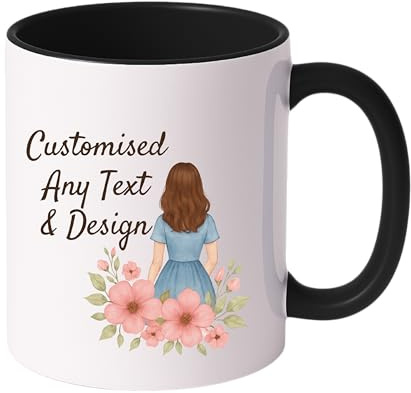 Gift Hub Personalised Mug | Coffee Cup with Coloured Handle and Inner | Any Photo or Text | Custom Coloured Cups for Valentine, Birthdays, & Occasions | Ceramic Mugs Available in Ten Colours | Black