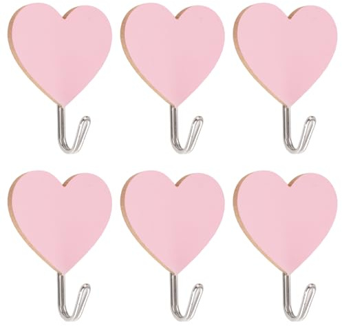 MOROBOR Selbstklebende Haken aus Holz, herzförmig, 6 Stück, starke selbstklebende Wandhaken für Badezimmer, Küche, Büro, gepudert (Rosa.)
