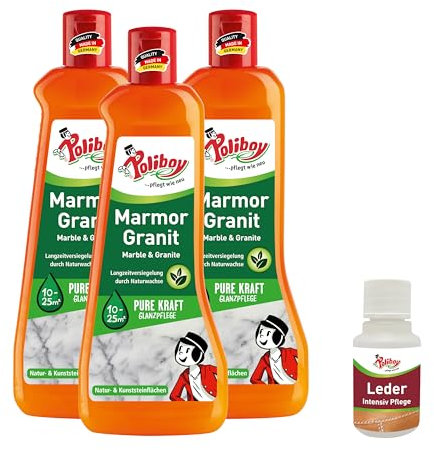 POLIBOY Marmo Granito Cura – Detergente impregnante per pietra naturale – Lucido lucido con effetto protettivo – 3 x 500 ml – Con campione di prodotto – Made in Germany