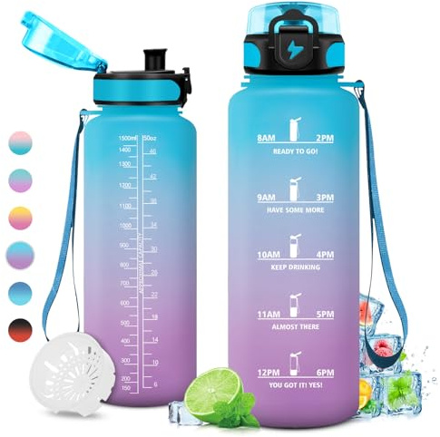 Trinkflasche 500ml/1L, Trinkflasche mit Zeitmarkierung und Filter, Auslaufsicher Wasserflasche Kohlensäure Geeignet für Fahrrad, Schule, Maedchen, Sport