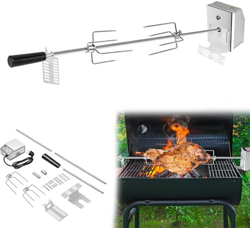 Suusolny 107 cm en acier inoxydable pour barbecue à gaz, tournebroche avec 2 piques à viande, moteur électrique 220 V – 240 V, tournebroche pour rôtisserie et barbecue à gaz