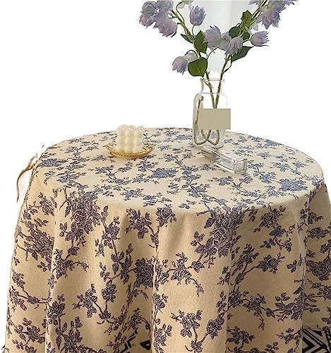 WDCDYQDH Tischdecke, blau, mit Rosendruck, Tischdecke, rund, für Esstisch, Baumwolle, Leinen, Picknickdecke, Hintergrundstoff (blau, 150 x 150 cm) (blau, 150 x 150 cm)