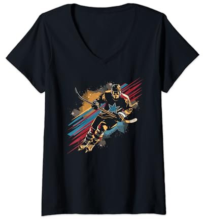 Damen Eishockeyspieler Grafik Eishockeyhelm T-Shirt mit V-Ausschnitt