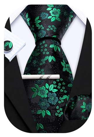 Barry.Wang Juego de corbatas para hombre, corbata floral, bolsillo cuadrado, gemelos, clip clásico, corbatas de seda para hombre, juego de 4 piezas para boda, fiesta, negocios, Flor negra y verde