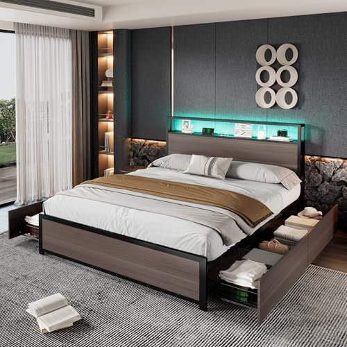 Merax 4FT6 Double Metal Bed Frame 135x190cm,with LED Light Strip, 4 Drawers on Castors, and 3 USB Ports, Sturdy Wrought Iron Youth Bed for Adults & Teenagers Grey - without Matress