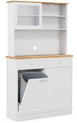 TANGZON Tall Kitchen Cupboard with Trash Bin Hamper, Tall Storage Cabinet with Adjustable Shelves, Drawers & Rubber Wood Countertop, Freestanding Wooden Sideboard for Dining Living Room, No Trash Bin