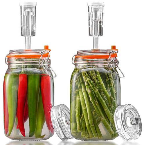 1,5L Fermentierglas, Fermentationsglas mit Gärventi & Gewicht, Gärglas für Sauerkraut, Kimchi, Kombucha und Pickles (2er-Pack)