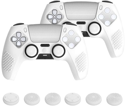 PlayVital 2 Stück Silikonhüllen für PS5 Controller, Schutzhülle Case | Skin-Zubehör, mit 12 Joystick-Kappen & 4 Aufkleber, ladestationskompatibel, 3D Noppen Edition, Weiß