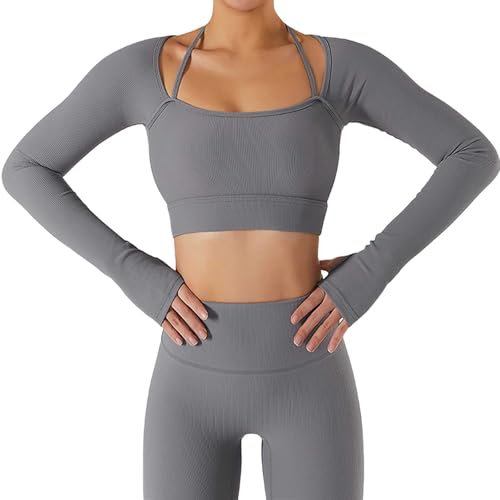 Duohropke T-shirt à manches longues pour femme - Tendance - Loisirs - Sport - Basique - Respirant - Léger - Yoga - Séchage rapide - Décontracté, gris, S