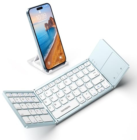 Samsers Foldable Bluetooth Keyboard with Touchpad - Portable Wireless Keyboard with Holder, Rechargeable Full Size Ultra Slim Pocket Folding Keyboards for Android Windows iOS Tablet & Laptop - Blue