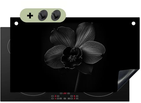 KitchenYeah© Herdabdeckplatte Einteilig Küche Herdabdeckung Induktionsfeld | 90x52 cm - Ceranfeld Herdabdeckplatten Vinyl Matte, Spritzschutz Küchenrückwand Schwarz - Blume - Orchidee