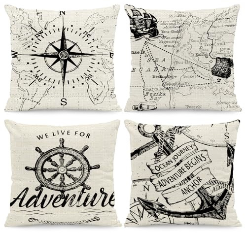 BREASOME Nautiskt kuddöverdrag 45 x 45 cm, skeppshjul tryckt design för soffa, marintema heminredning, tecknad stil