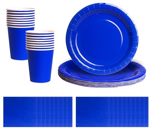 Set di stoviglie usa e getta blu reale, 52 pezzi, 20 tovaglioli di carta, 16 bicchieri, 16 piatti di carta da 17,8 cm, biodegradabili, in tinta unita, per compleanni, matrimoni, feste di Natale per