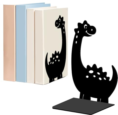 WADORN Cartoon Dinosaurier Für Regale Dekorativ 1 Paar, Dinosaurier Muster rutschfeste Robuste Buchstützen Buchhalter Aus Metall Schwarzer L Förmiger Buchstopper Für Bibliothek Zuhause Büro
