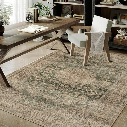 HUGEAR Vert Vintage Tapis Salon 120x170cm Lavable en Machine Antidérapant Grand Carpet Descente de Lit Chambre Adulte Salle a Manger Cuisine Bureau Doux Poil Ras Carpette