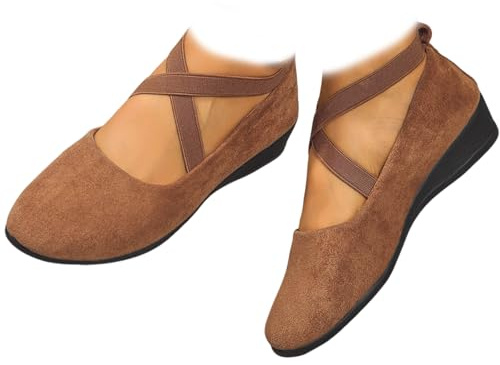 Zapatos elegantes de cuña baja con correa elástica de color sólido, zapatillas de ballet de ante con soporte ortopédico cerrado para mujer, cómodos mocasines vintage sin cordones para mujer (marrón, 7