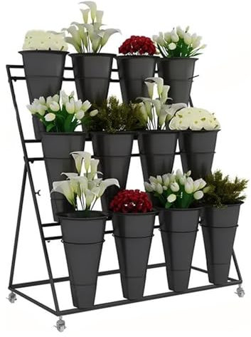 Espositore per Fiori, Espositore per Piante In Metallo con Ruote, Espositore per Carrelli Portafiori Resistente con Secchi, Espositore per Fiori per Fioristi, per Interni, Esterni, Patio E Giardino(Ne