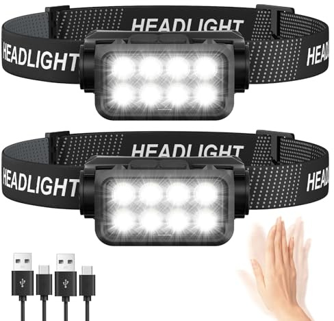 Head Torch Rechargeable 2-Pack, 8 LED 2500L Super Bright Headtorch with Motion Sensor, Waterproof & 10 Light Modes Headlamp Headlight, Long Runtime Head Lamp for Kids & Adults Camping Running Fishing