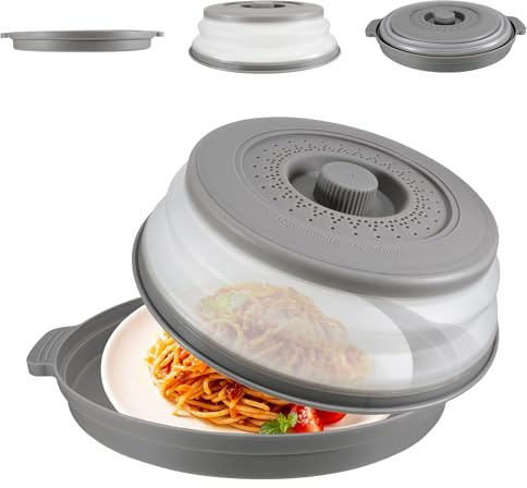 Microwave Cover for Food with Tray – Collapsible Microwave Splatter Cover, BPA-Free Microwave Plate Cover, Dishwasher Safe (Gray)