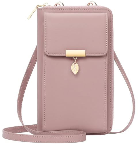 ENONEO Geldbörse Damen Handytasche zum Umhängen Leder PU Damen Umhängetasche Kleine RFID Schutz Handy Geldbeutel Frauen mit 12 Kartenfächer Handy Schultertasche Klein mit Reißverschluss (Rosa)