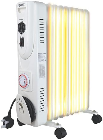 Igenix IGHO02620W 2kW Oil Filled Radiator with Timer – 9 Fins, Electric Heater, Adjustable Heat Setting, Portable Design, 1.4m Cable – White