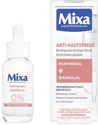 Mixa Anti-Hautstress Beruhigendes milchiges Serum – Gesichtsserum mit Panthenol & Bisabolol gegen Rötungen & Irritationen – Ultra-sanfte Pflege für gestresste Haut – Ohne Parfum & Alkohol – 30ml