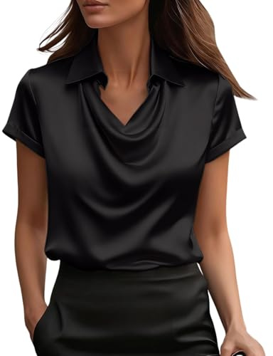Satinblusar för kvinnor Storbritannien Kvällskläder Toppar med korta ärmar V-ringning Blusskjortor Överdimensionerade toppar Eleganta skjortor Festkläder Affärsblus Casual Work Office Wear för damer