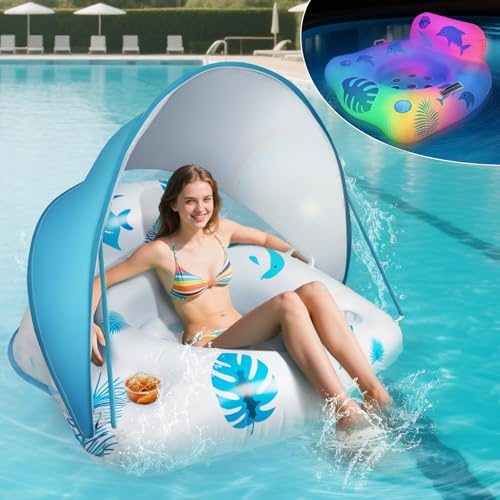 IEEILULU Bouee Piscine Adulte, Solaire Bouée Gonflable Piscine avec Parasol Amovible, Matelas Piscine Gonflable avec Lumières Colorées, Porte-Boissons et Poignées pour Piscine Adulte (Bleu)