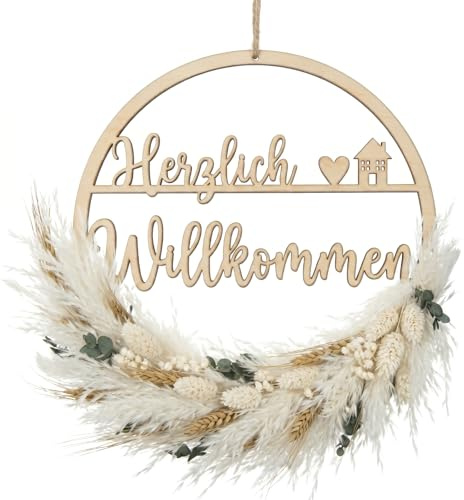 Xinnun Türkranz Trockenblumenkranz Herzlich Willkommen Schild Haustür Holz Türkranz Trockenblumen Boho Türdeko Ganzjährig Willkommensschild Naturtöne Hängedeko für Wand Fenster Deko 25cm(Haus)