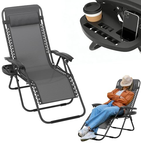 UISEBRT Klappbarer Liegestuhl mit Getränkehalter & Kopfkissen,Sonnenliege Gartenliege Extra Breit 64cm,Gartenstuhl Relaxliege mit Verstellbarer Rückenlehne für Outdoor Garten Terrasse,Grau-schwarz