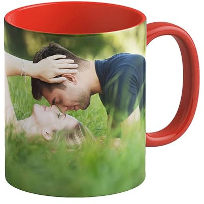 LOOXIS Tazza personalizzata con la vostra foto + testo, disegnata da voi, vari colori - Idea regalo per compleanno, donne e uomini - possibilità di stampa panoramica senza bordo, 325ml - Rosso