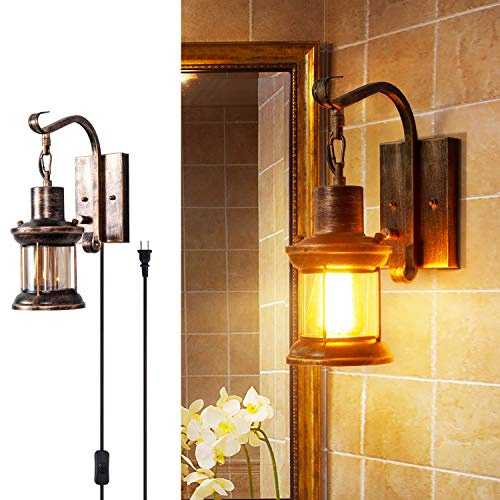 Yisuro Rustic Wall Light, 2-in-1 Antique Bronze Vintage Wall Light Fixture Plug in Industrial Glass Shade Lantern Lighting Retro Lamp Metal Wall Sconce for Home Bedroom Dining Room café(1 Pack)