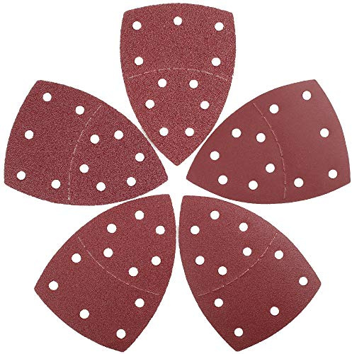 LotFancy 25 Pièces Papier Abrasif pour Ponceuse Triangulaire 105 x 152 mm | 11 Trous, Feuilles de Ponçage de Grain 40/60/80/120/240 en Oxyde d'Aluminium, Idéale pour Poncer/Polir