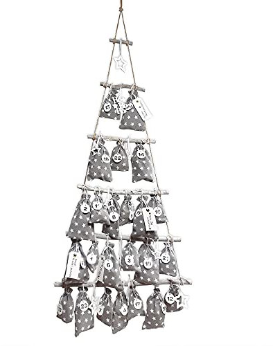 Frau WUNDERVoll® DIY Stoff Adventskalender zum Befüllen Weihnachtsbaum grau weiße Sterne Stoffbeutel, Ziffern weiß, Höhe 110cm Leiterbaum/Beutel Säcke Säckchen Stoffsack Baumwolle Geschenkbeutel