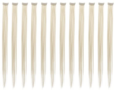 SWACC 12 Pcs Straight One Color Party Highlights Clip on in Hair Extensions For Women Colored Hair Streak Synthetic Hairpieces (Platinum Blonde)