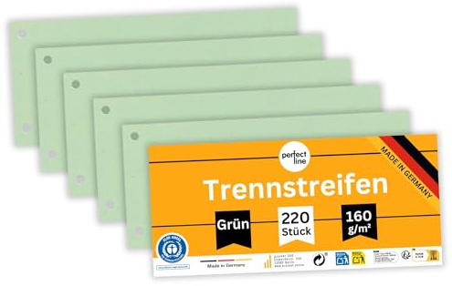 perfect line - 220 Trennstreifen für Ordner A4, Trennblätter aus Recycling-Karton, einfarbig, gelocht, Made in Germany, Blauer Engel zertifiziert (Grün)