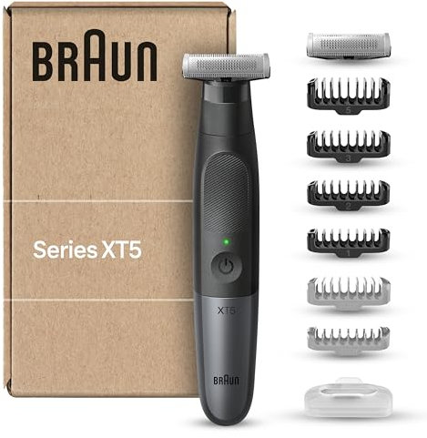 Braun Series XT5 Gesicht & Körper, Elektrischer Rasierer, Barttrimmer & Bodygroomer, 8 Zubehörteile, Körperrasierer mit Sensitiv Kammaufsatz, 45 Min Akku, Trimmen & Rasieren, Wasserdicht, XT5270, Grau
