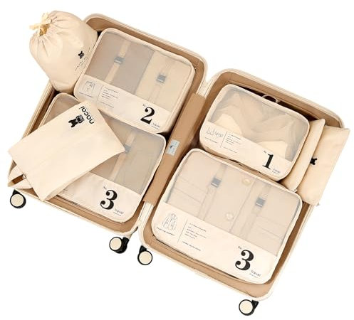 Lammcou Koffer Organizer, 8-Teilige Packwürfel Set Packing Cubes, Kleidertaschen Packtaschen mit Kosmetiktasche, wasserdichte Schuhe Beutel, Travel Essentials Ordnungssystem für Urlaub & Reisen