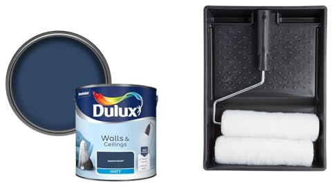 Dulux 5293076 Walls & Ceilings Matt Emulsion Paint, Sapphire Salute, 2.5 Litres & Harris 101092005 Essentials Walls & Ceilings Twin Set | 1 x Tray, 1 x Frame, 2 x Roller Sleeves | 9