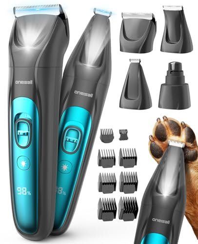 oneisall Dog Clippers & Paw Trimmer 4 in 1 Grooming Kit, Dog Grooming Clippers with LED Light for Full-Body Grooming, Cordless Silent Pet Shaver for Dogs Cats