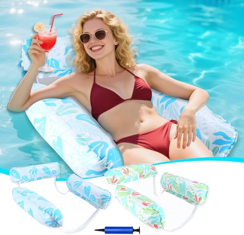 GCRQ Colchoneta Piscina Adultos Hinchables para Piscina – 2 Piezas Flotadores Inflables para Adultos de PVC Ultraresistente 450D | para Piscina, Playa, Jardín y SPA | Incluye Bomba (Azul/Verde)