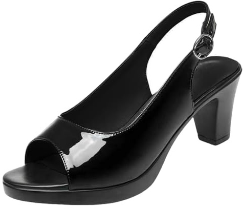Women's Black Dress Pump Clearance Size 6 Peep Toe Patent Chunky Block Mid High Heel Slingback Sandals Wedding Slip-On Pumps Court Shoe YL250522 Patent Black Footwear